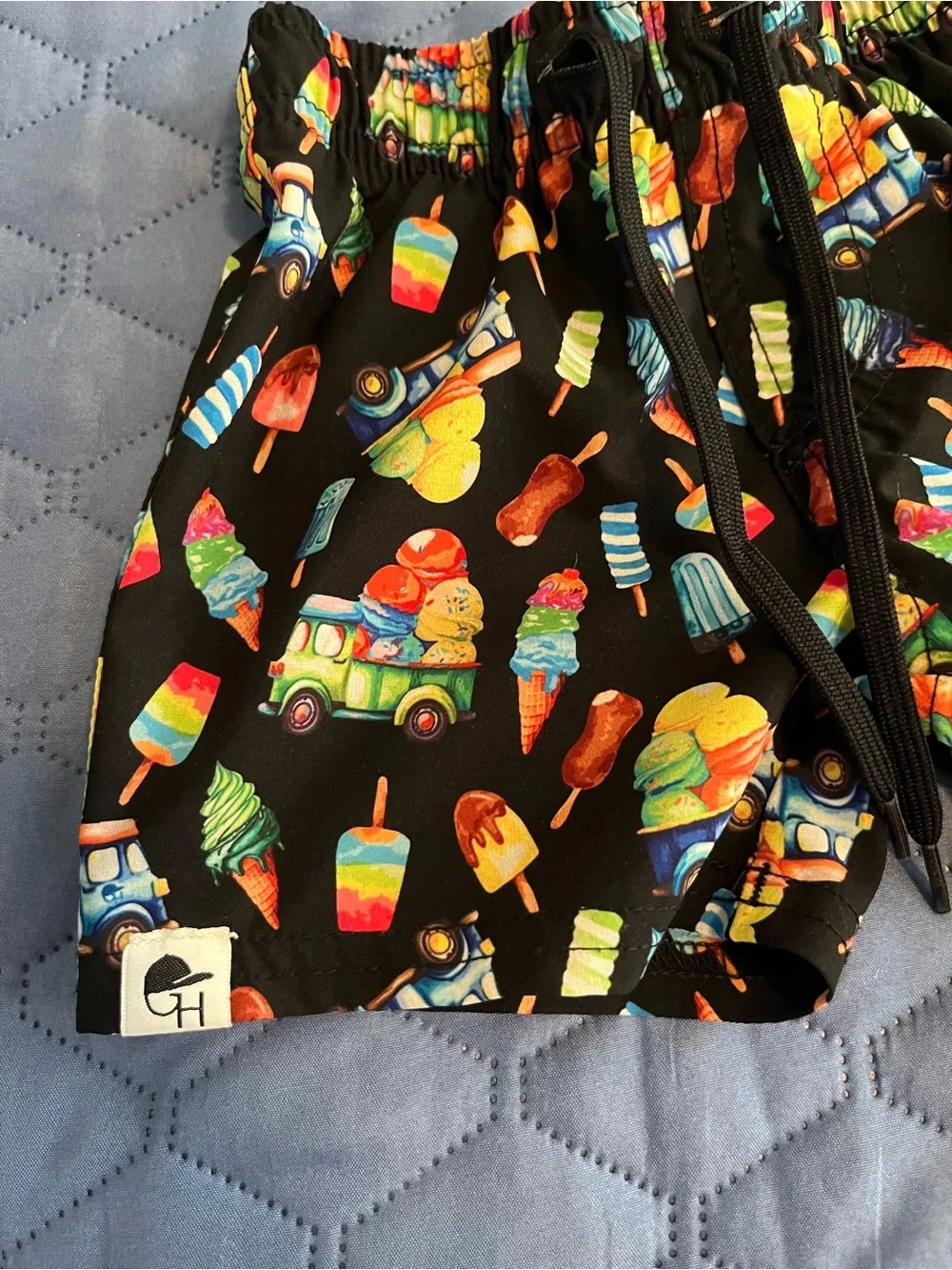Kids Black Swim Trunks with Colorful Ice Cream & Popsicle Print